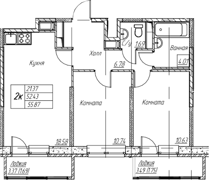 2-комнатная квартира 55.87 м², 6/22 эт., ЖК «Парк-квартал Юнтолово»